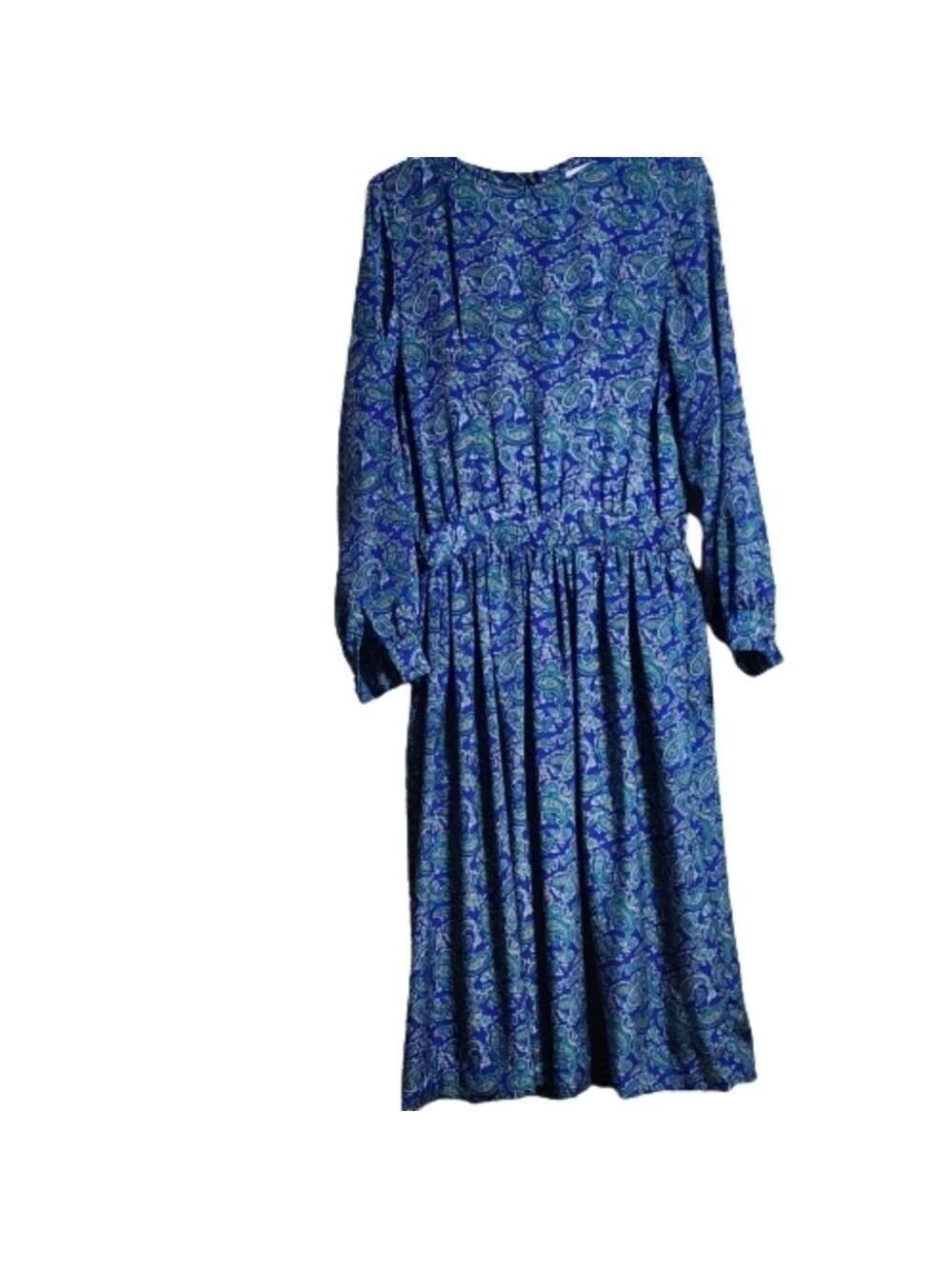 Vintage long sleeve paisley patternmidi dress color green and blue size 8